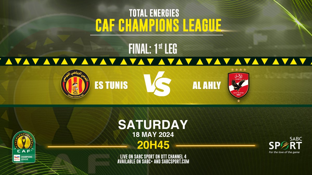 Game Alert! ⚽️

Get ready for an exciting weekend of the #TotalEnergiesCAFCC action as ES Tunis battle it out with Al Ahly!

🚨Live
📅Sat, 18 May
⏲️20:45
📺SABC Sport
📲SABC+
🌐sabcsport.com

#SABCSportFootball #WeLoveItHere