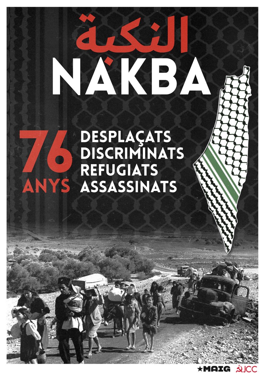 🔴 #TalDiaComAvui de 1948 començava la Nakba, la neteja ètnica perpetrada pels colons sionistes que acabà amb milers de morts, pobles i camps destrossats i més de 750.000 palestins desplaçats.

🇵🇸 Avui, 76 anys després, la Nakba continua. Avui, vaga estudiantil per Palestina!