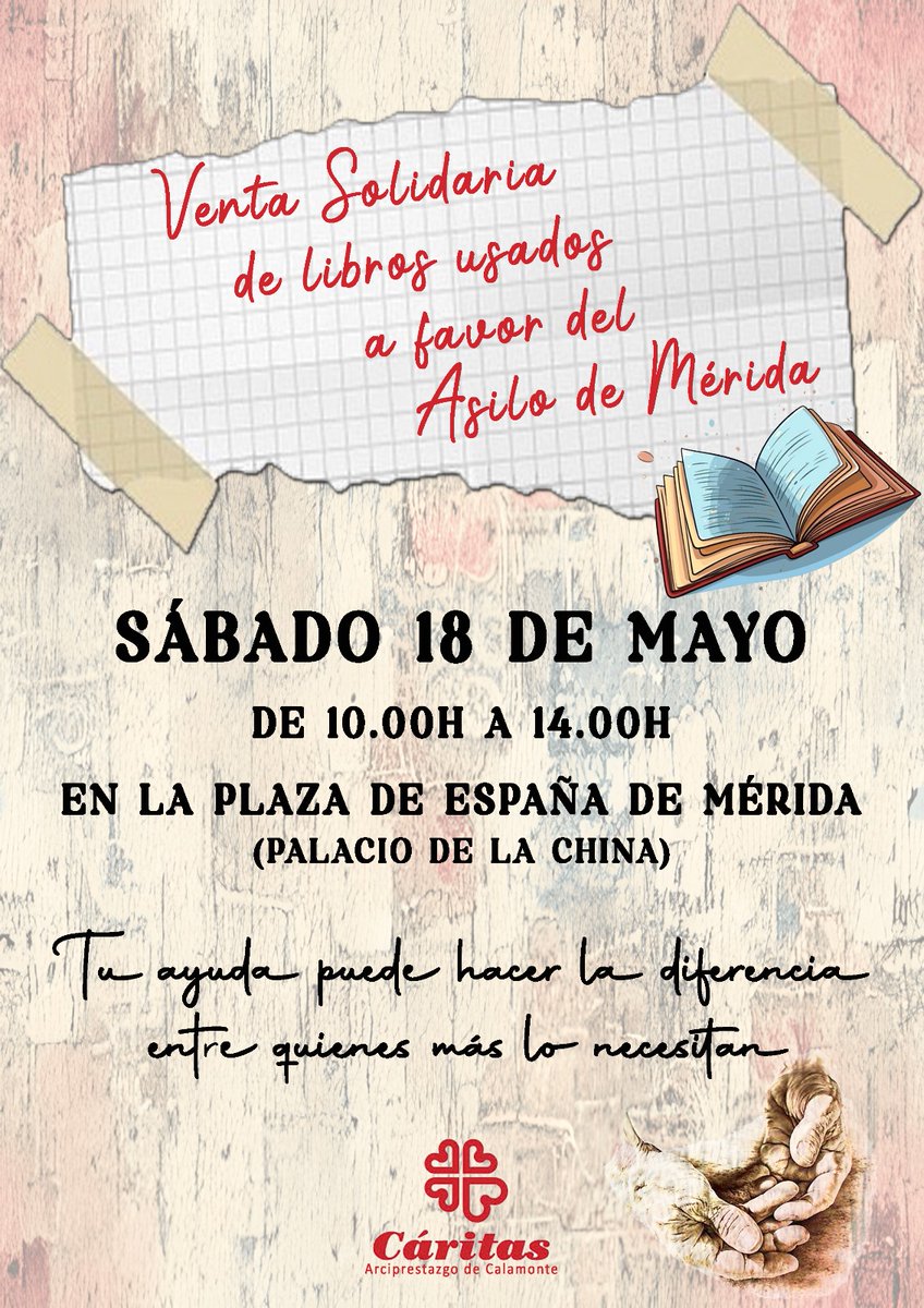 🙋📣 📔VENTA SOLIDARIA DE LIBROS USADOS📕

Organiza @cdmeba a favor del Asilo de Mérida.

❌ 18 de mayo - 10.00h a 14.00h.

🎯 Pza. de España, Mérida.

#RedPVM ❤ #Solidaridad #Súmate ➕