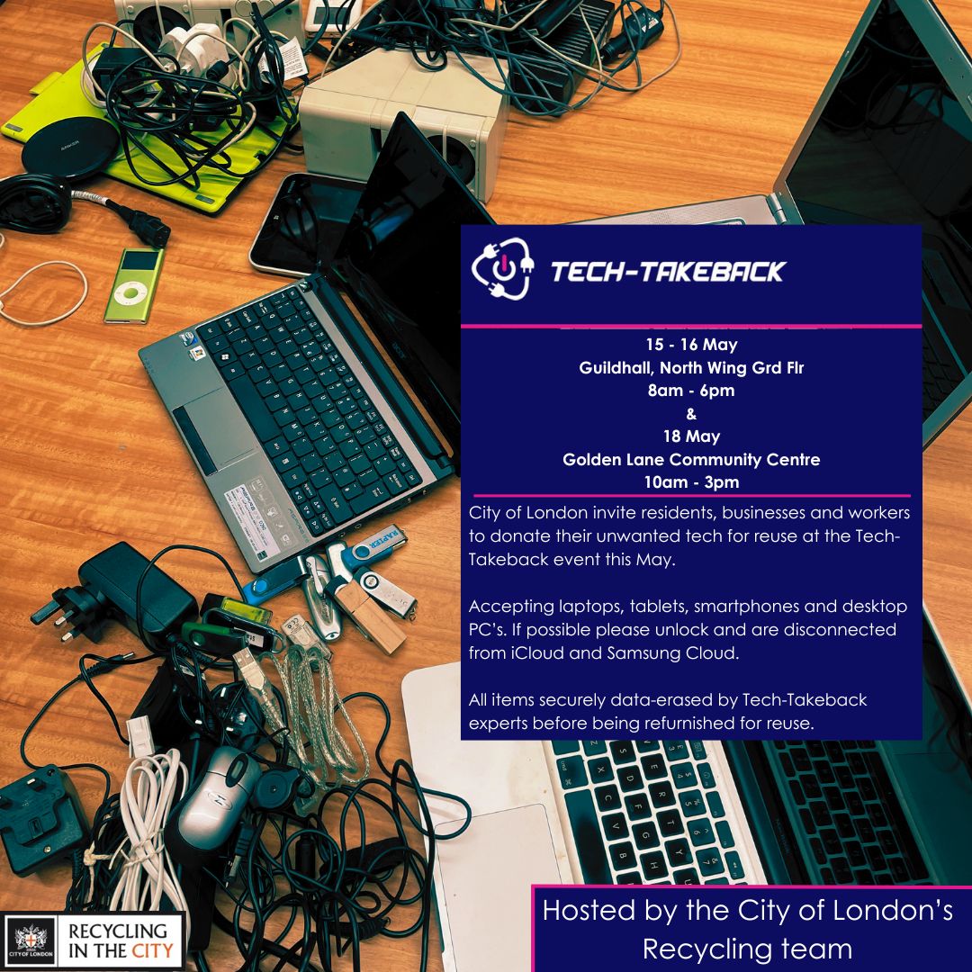 Eastern City BID (@easterncityldn) on Twitter photo Join the Tech Takeback!💻♻️
15 and 16 May - 8am-6pm⏰
The recycling team at <a href="/cityoflondon/">City of London</a> invite residents, businesses and workers to donate their unwanted tech for reuse
📍Guildhall, North Wing, Ground Floor, EC2V 5DZ
Find out more👇
bit.ly/3ykzBH7 Join the Tech Takeback!💻♻️
15 and 16 May - 8am-6pm⏰
The recycling team at <a href="/cityoflondon/">City of London</a> invite residents, businesses and workers to donate their unwanted tech for reuse
📍Guildhall, North Wing, Ground Floor, EC2V 5DZ
Find out more👇
bit.ly/3ykzBH7