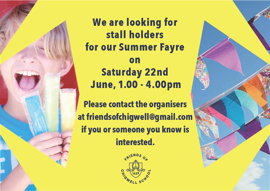 Please get in touch via the email below if you are interested in hosting a stall at our Summer Fayre! 🎟️☀️🍦 #SummerFayre #FriendsofChigwell #FOC #SchoolFayre #Fete #Essex #Chigwell #Summer #WhatsOnEssex #WhatsOnChigwell