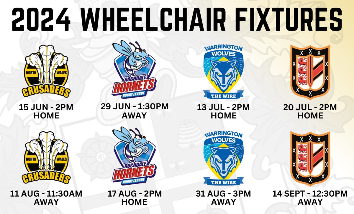 📅 Here are the Vikings wheelchair team's fixtures for the 2024 Wheelchair Championship West! 🏟️ Home games will be played at Kingsway Leisure Centre! #COYV 🧪 #WeAreWidnes