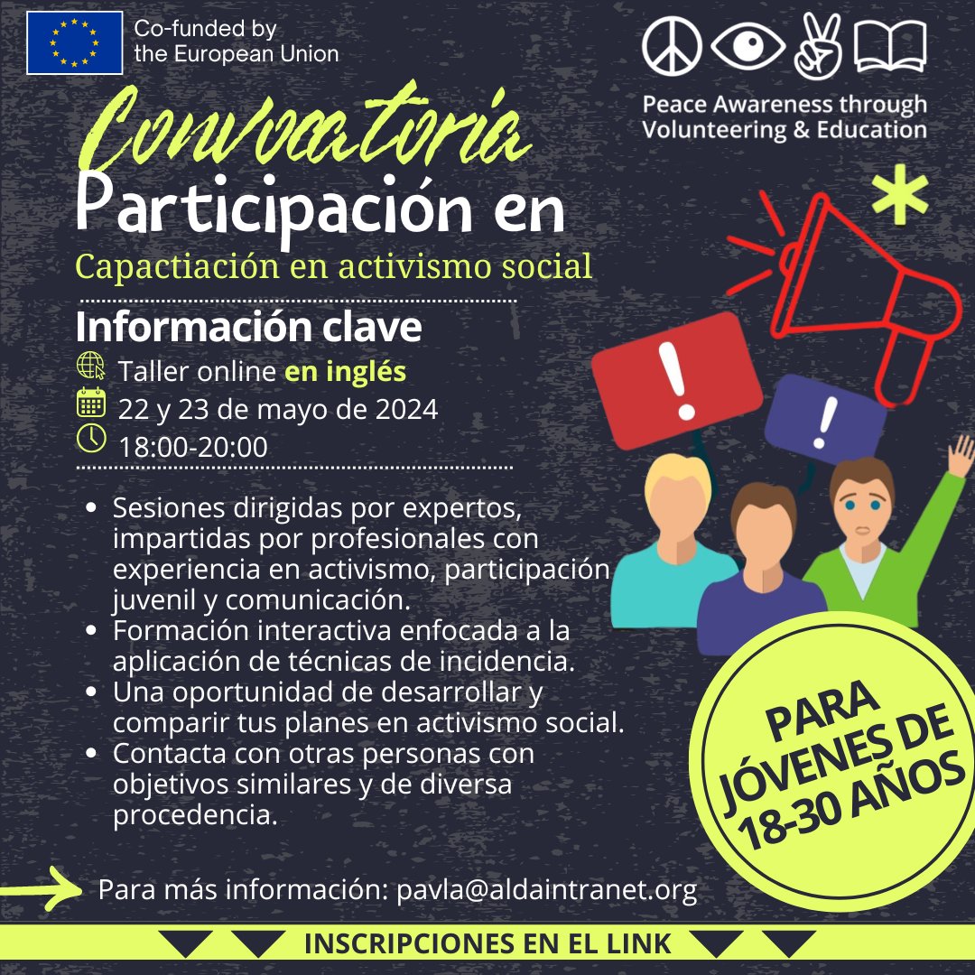 📣Convocatoria abierta 🌐Taller online en inglés sobre capacitación en #activismo social. 📅22 y 23 de mayo 🕗 18:00-20:00h ✍️Inscripciones: bit.ly/4dDsyth @Junta_Ex @presidenciaEXT #CooperacionExtremeña @IJExtremadura @_CJEx_ #juventud #workshop #participación