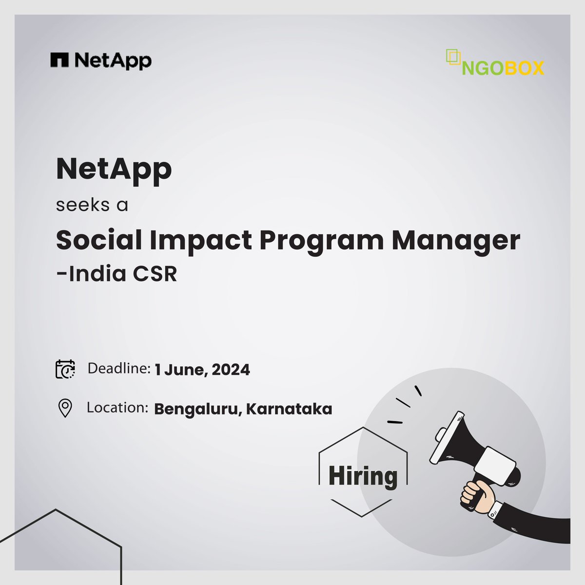 #JobOpening @NetAppIndia seeks a Social Impact Program Manager - India CSR Required: Minimum of 5 years of experience in managing CSR initiatives and ensuring compliance with India’s CSR laws. Location: Bengaluru, Karnataka Deadline: 1 June 2024 Apply: ngobox.org/job-detail_Soc…