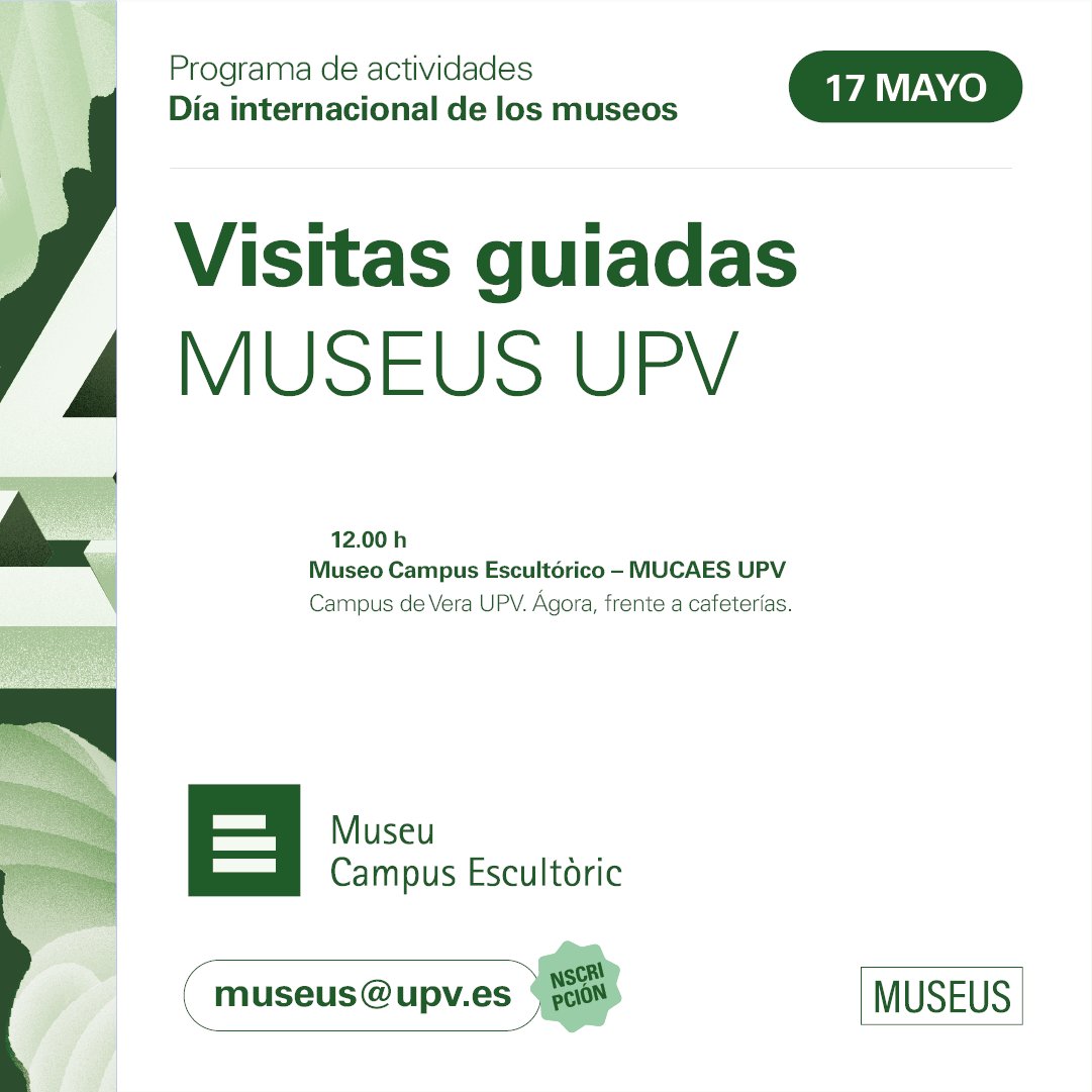 🏛️ Día Internacional de los Museos 2024

Con motivo de la celebración del DIM 2024, el día 17 de Mayo, al las 12 h. empieza nuestra visita guiada por el MUCAES.
📝 Aquellas que sean con previa inscripción podéis hacerla a través del correo museus@upv.es 
#CulturaUPV #MuseusUPV