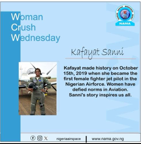 Kafayat Sanni made history on Tuesday, October 15, 2019, when she became the first female fighter pilot in the 55 year old history of the Nigerian Air Force.
#NAMA
#SafetyFirst
#WCW
#WomenInAviation