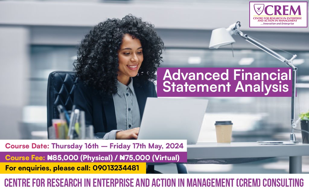 Training on Advanced Financial Statement Analysis

For more information, please visit: cremnigeria.org/advanced-finan…

#financialanalysis #financialanalyst #finance #accounting #business #financialadvisor #investing #financialeducation #legalprotection #economicawareness