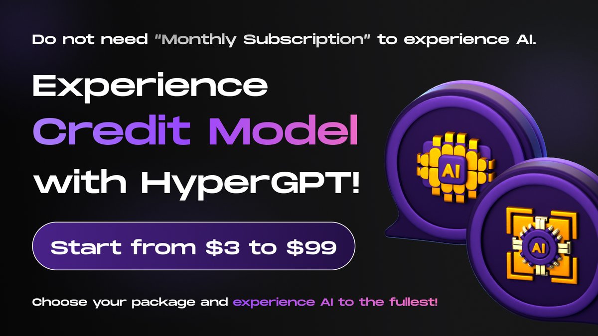 Credit running low on #HyperStore for your verified AI apps? 😱 Fear not! We've got tailored packages for every user. 🚀 Check your account now, top up your credit, and dive deep into the world of AI! 💡 Buy Credit Now 💰 hypergpt.ai/pricing #AI #HyperGPT