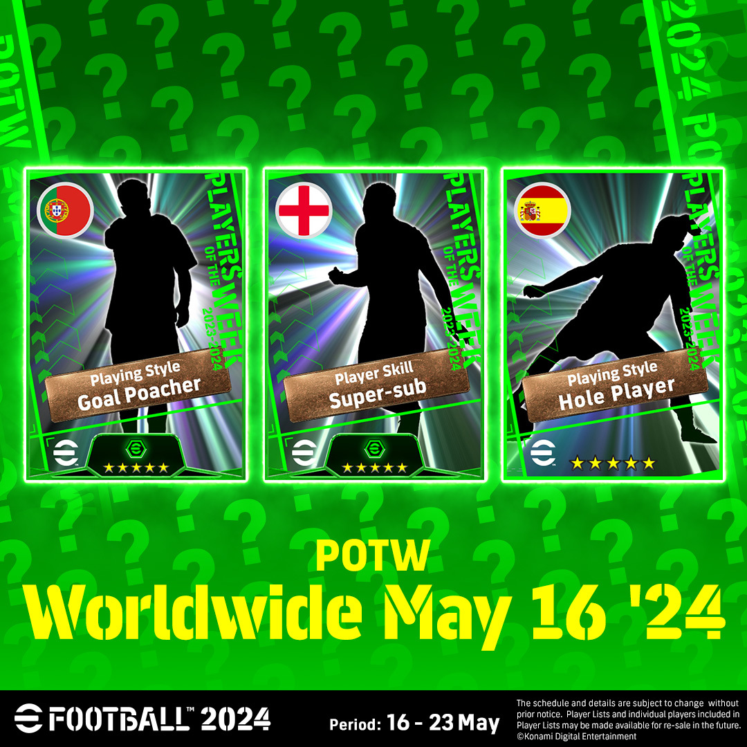We'll have more #eFootball POTW tomorrow! Check out this sneak peek 👀 🇵🇹 Goal Poacher 🏴󠁧󠁢󠁥󠁮󠁧󠁿 Super-sub 🇪🇸 Hole Player Are you able to guess all three? SMASH that 💗 if you know them!