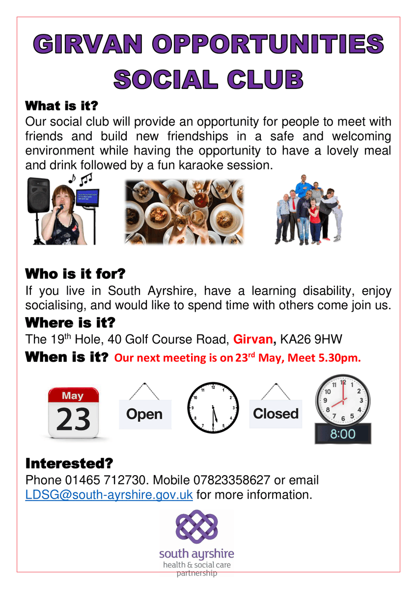 📣 Our Girvan Opportunities Social Club is back!! 🥳 If you live in South Ayrshire, have a learning disability and enjoy socialising, join us for a meal & drink followed by a fun karaoke session. 🍽️ 🥤 🎙️ 📅 Thursday 23rd May 📍 The 19th Hole, 40 Golf Course Road, Girvan