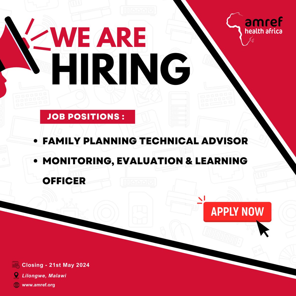 WE ARE LOOKING FOR YOU ‼️ Amref 🇲🇼 is seeking to hire the following; 1. Family Planning Technical Advisor - amref.org/job/family-pla… 2. Monitoring, Evaluation & Learning Officer - amref.org/job/monitoring… Share with your networks 🔁, Click on the links & apply on/before 21.05.24!🗓️