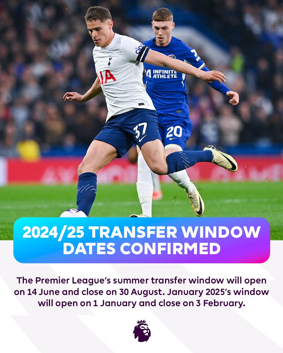 Next season's transfer window dates for your diary 📝

The closing dates were set following discussions with the EFL, DFL, Serie A, LaLiga, and LFP, who will all close their windows on 30 August and 3 February respectively too