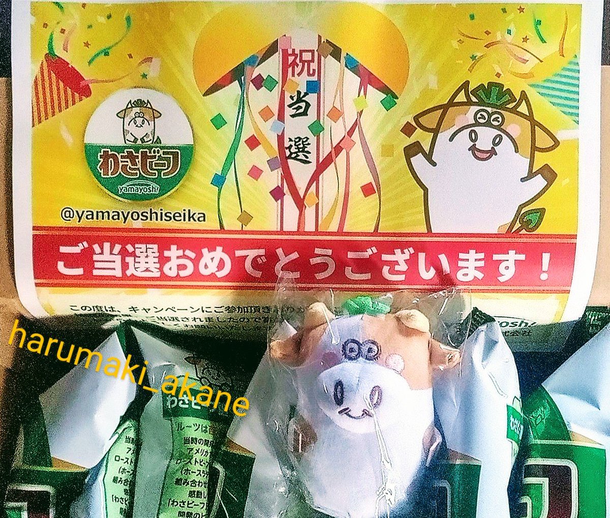 わさビーフの山芳製菓 さま
@yamayoshiseika
 
「わさビーフでわさびデビュー キャンペーン」で当選🎉
わさビーフ&わさモーのぬいぐるみをいただきました🌼
わさビーフ大好きなので！とっても嬉しいです(^ー^)
ありがとうごさいます❤