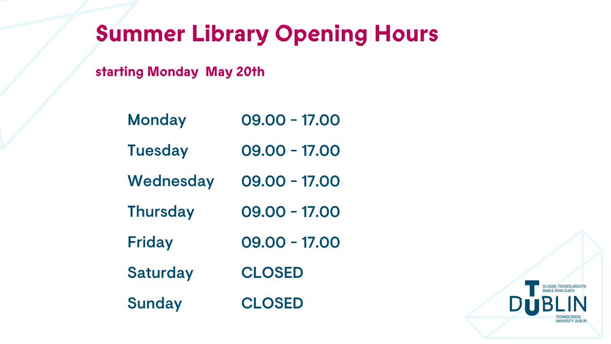 Library opening hours for the summer will start Monday May 20th.

All TU Dublin libraries will be open Monday to Friday, from 9:00 to 17:00 and will be closed Saturday and Sunday.

#LibraryServices #WeAreTUDublin #SummerOpening