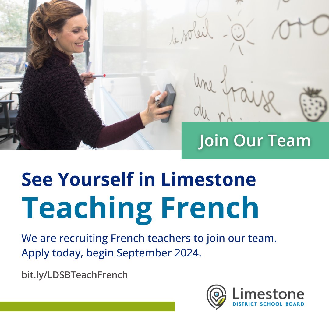 See Yourself in Limestone Teaching French! We are recruiting French teachers to join our team. Apply today, begin September 2024. Visit bit.ly/LDSBTeachFrench. #SeeYourselfInLimestone #TeamLDSB