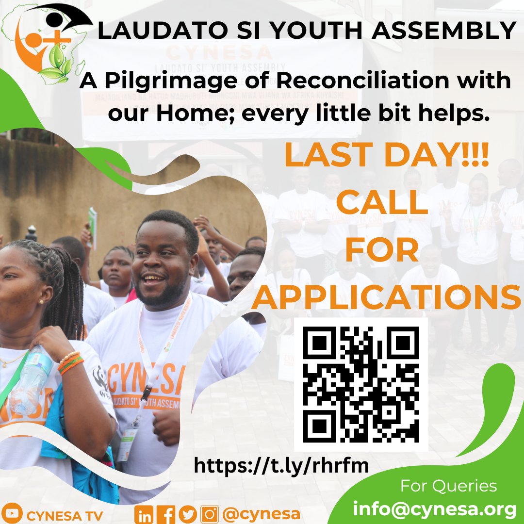It is the last day!! Apply for the Laudato Si' Youth Assembly and join us on a #multifaith and #intergenerational dialogue and celebration of #CYNESAat10. Apply: t.ly/rhrfm 🗓 30th May - 1st June. 📌AWF Conservation Centre. #LSYAssembly #laudatosi #CYNESAat10