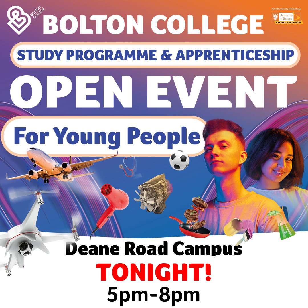 ⭐ Join us for our Young People's Study Programme & Apprenticeship Open Event tonight, between 5pm-8pm. ⭐ No need to register, just drop in! ⭐ This is your chance to learn about our vast range of Study Programmes, T Levels and Apprenticeships, starting from September!