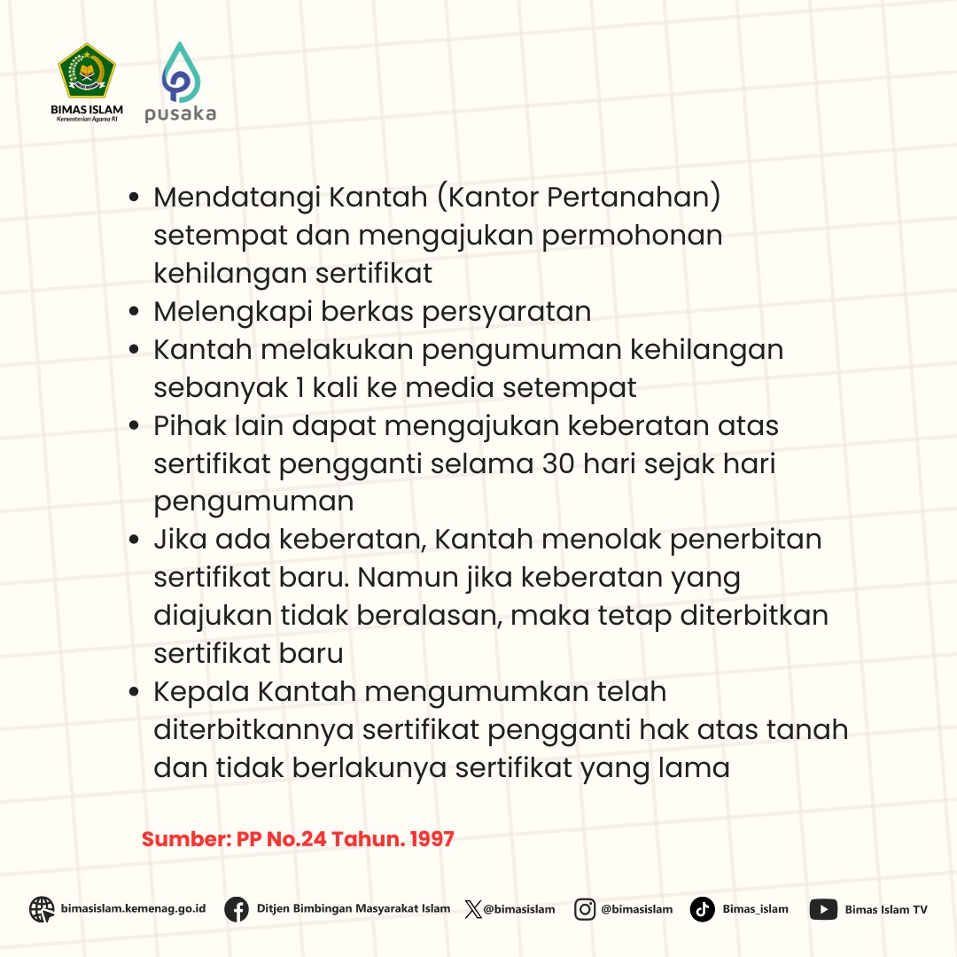 Simak 6 cara mengganti sertifikat Wakat yang hilang! Sekarang gausah panik lagi ya, karena Minbi bakal kasih tau cara mengganti sertifikat wakaf yang hilang! Geser flyer berikut okay!😉 #kemenag #bimasislam #sahabatreligi #TemanBimasIslam #Wakaf #sertifikat #zakat