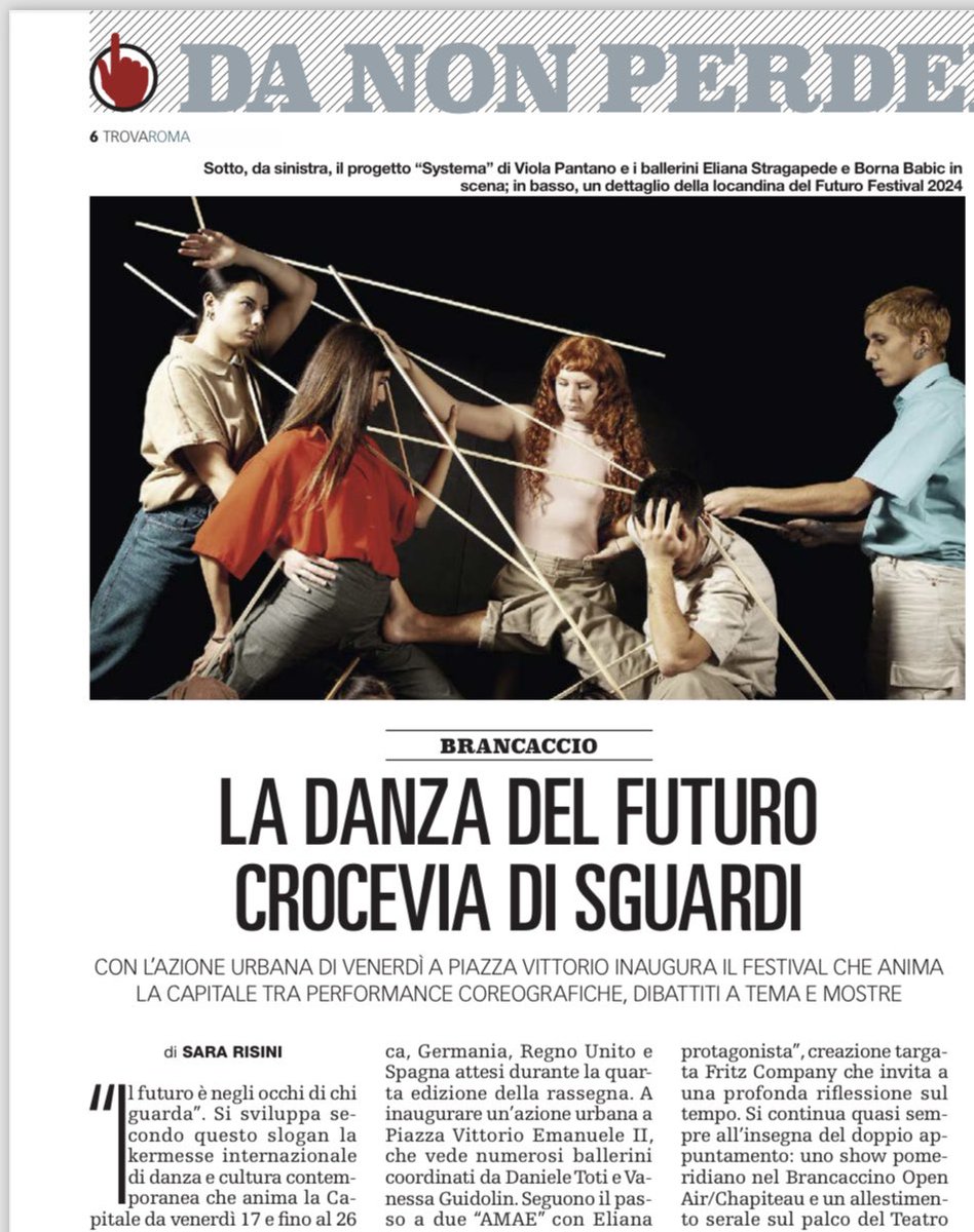 TrovaRoma - la Repubblica (@trovaroma_rep) on Twitter photo Inaugura venerdì il #FuturoFestival, kermesse che anima gli spazi del <a href="/Brancacciotweet/">Teatro Brancaccio</a> e altre location capitoline tra performance coreografiche, dibattiti a tema e progetti espositivi. Ne parla <a href="/SaraRisini/">Sara Risini</a> sul #TrovaRoma, in edicola domani con <a href="/repubblica/">Repubblica</a>. Inaugura venerdì il #FuturoFestival, kermesse che anima gli spazi del <a href="/Brancacciotweet/">Teatro Brancaccio</a> e altre location capitoline tra performance coreografiche, dibattiti a tema e progetti espositivi. Ne parla <a href="/SaraRisini/">Sara Risini</a> sul #TrovaRoma, in edicola domani con <a href="/repubblica/">Repubblica</a>.