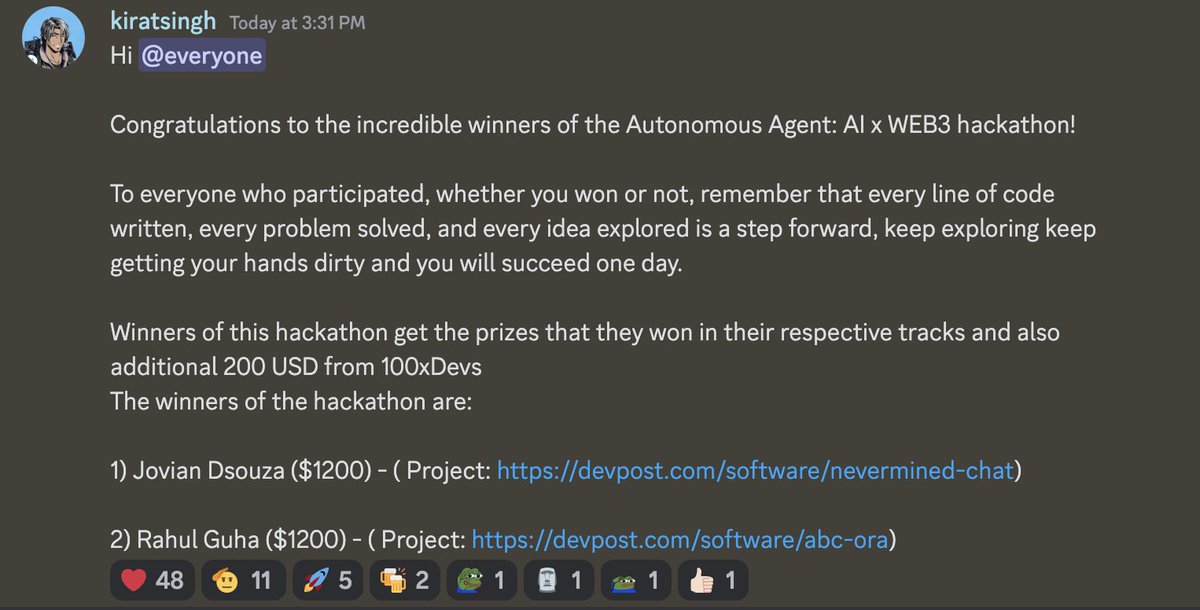 Web3 x AI hackathon winners in the #100xdevs cohort.
Projects
1. devpost.com/software/never…
2. devpost.com/software/abc-o…