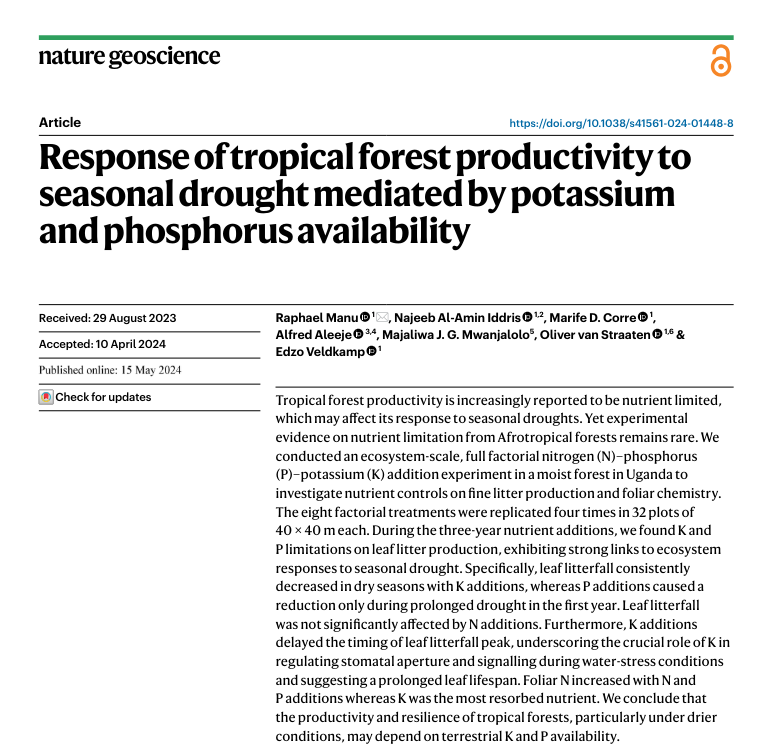 Slowly but surely! I am pleased to announce our new findings highlighting the crucial role of potassium and phosphorus in the resilience of tropical forest productivity to seasonal droughts. nature.com/articles/s4156…
