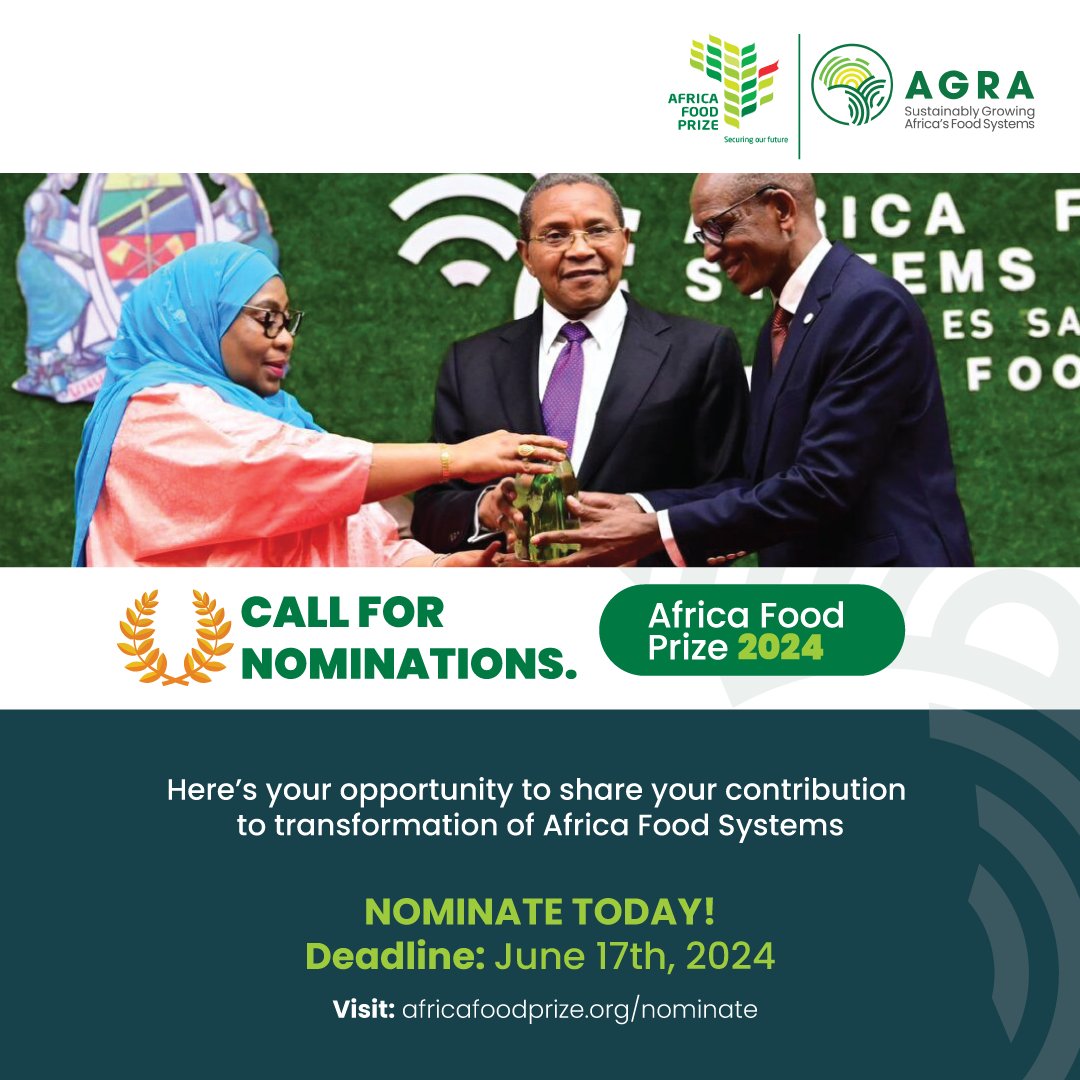 🏆Nominations for the Africa Food Prize 2024 are officially open! This esteemed award recognizes individuals and organizations making significant contributions to the continent's agricultural & food sectors. ⏱️Submission deadline: June 17, 2024. 👉🏾africafoodprize.org