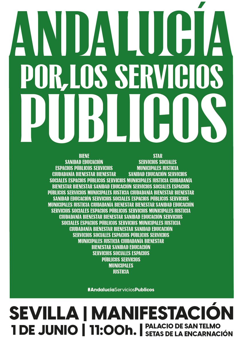 Vente el 1 de junio a las 11 h a luchar por los servicios públicos andaluces #AndaluciaporlosServiciospúblicos 1 de junio/ 11 h Palacio de San Telmo Vente con @AdelanteAND