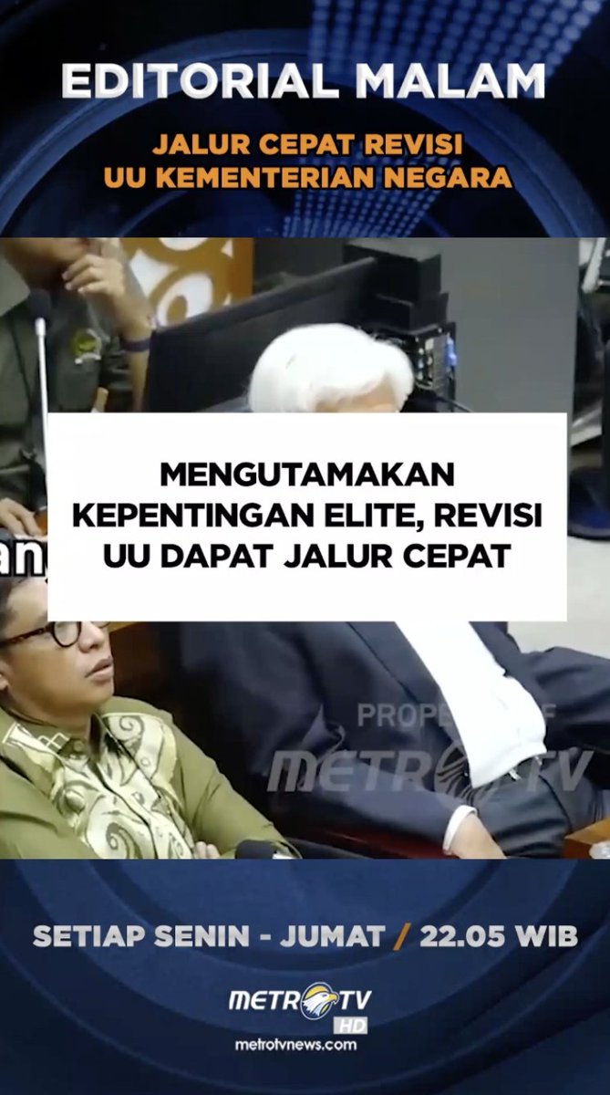 Pembuatan atau revisi UU bukan perkara rumit selama ada kemauan. Tapi, semua tergantung untuk kepentingan siapa sebuah undang-undang direvisi atau dibuat.

Ikuti pembahasannya di #BedahEditorial di kanal youtube 'metrotvnews' youtu.be/shx4pfwDqgQ?si…

#Jalur #Cepat #Revisi #UU