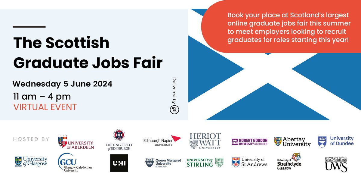 Searching for your first graduate job? Don't miss the Online Scottish Graduate Jobs Fair on 5th June! 
👉Over 50 organisations recruiting now
👉Book 1:1 appointments with exhibitors in advance, and live chat on the day 
Register ➡️ sway.office.com/Y4azHE5Ox8BSYu…