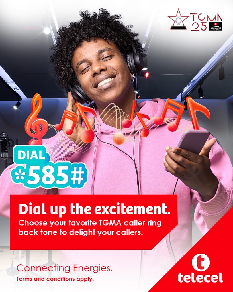 Get ready to spike up Your caller experience! Pick your preferred TGMA Caller Ring Back Tone now by dialing *585# to delight your callers. #Telecel #ConnectingEnergies #25thTGMA