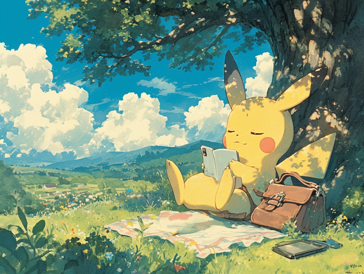 ピカチュウ 「Pikachu pretending to read a book and ta」|tarteのイラスト