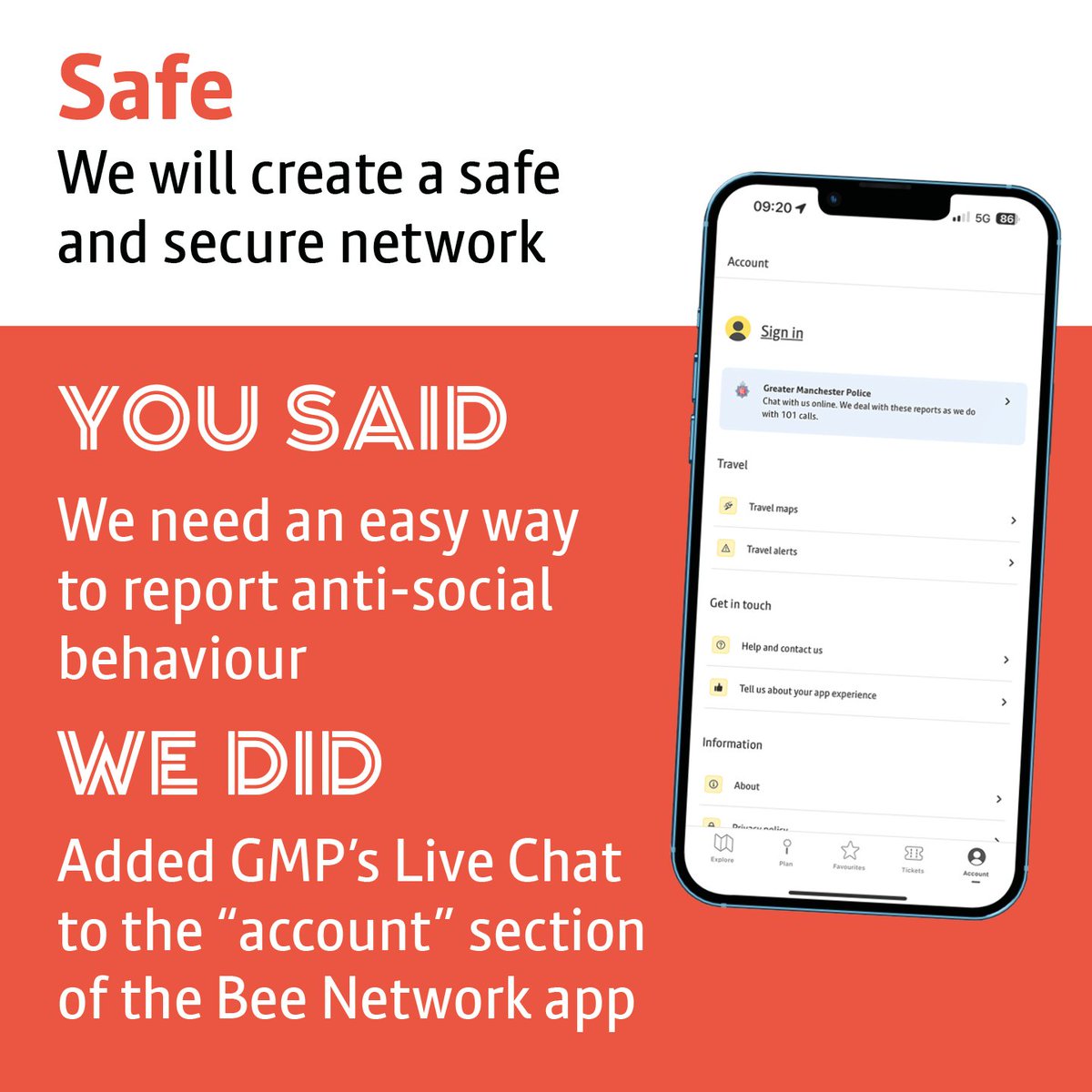 You said you wanted an easy and discreet way to report incidents on the network, so we've put @GMPolice live chat in the 'account' section of the Bee Network app. Click here to download the app today 👉 bit.ly/43eruae