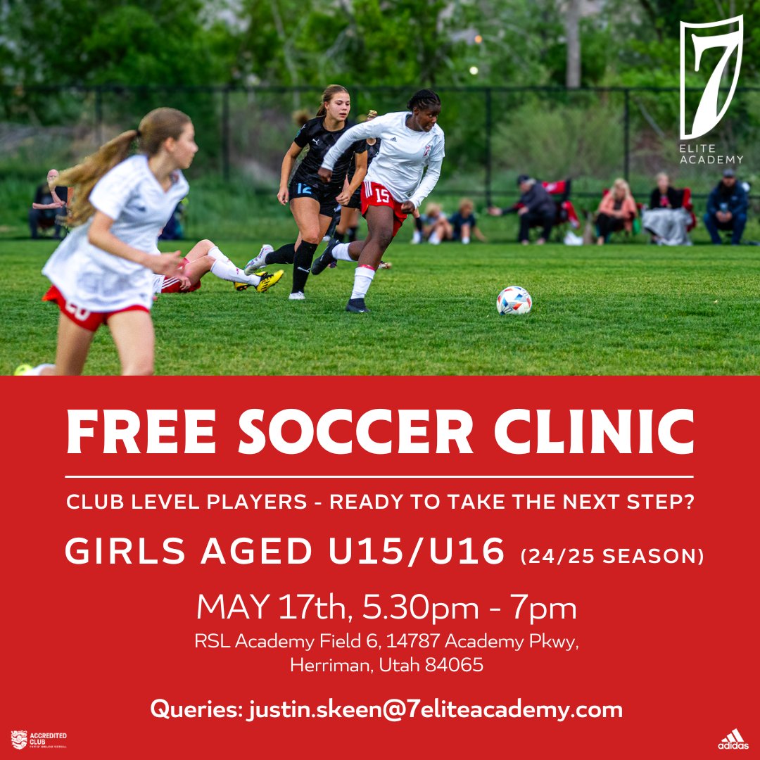 DEVELOPMENT 🇺🇸🇬🇧🇹🇿 We’re holding another FREE soccer clinic on FRIDAY 👊

• Girls aged U15 / U16 
• RSL Academy Field 6, 14787 Academy Parkway, Herriman.
• May 17th, 5.30pm - 7pm

FIND OUT MORE 👇
justin.skeen@7eliteacademy.com

#7EliteAcademy | #7EliteSABA