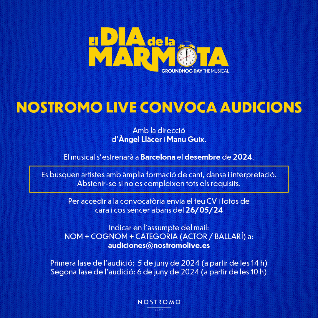⏰ Nou #musical a la vista amb la direcció d'<a href="/AngelLlacer/">Àngel Llàcer</a>  i <a href="/ManuGuix/">Manu Guix</a> 💥 Nostromo Live convoca #audicions per trobar els talents del nou espectacle EL DIA DE LA MARMOTA! 🦦Una comèdia musical contemporània i de gran format que s'estrenarà el desembre al Teatre Coliseum👏🏽
