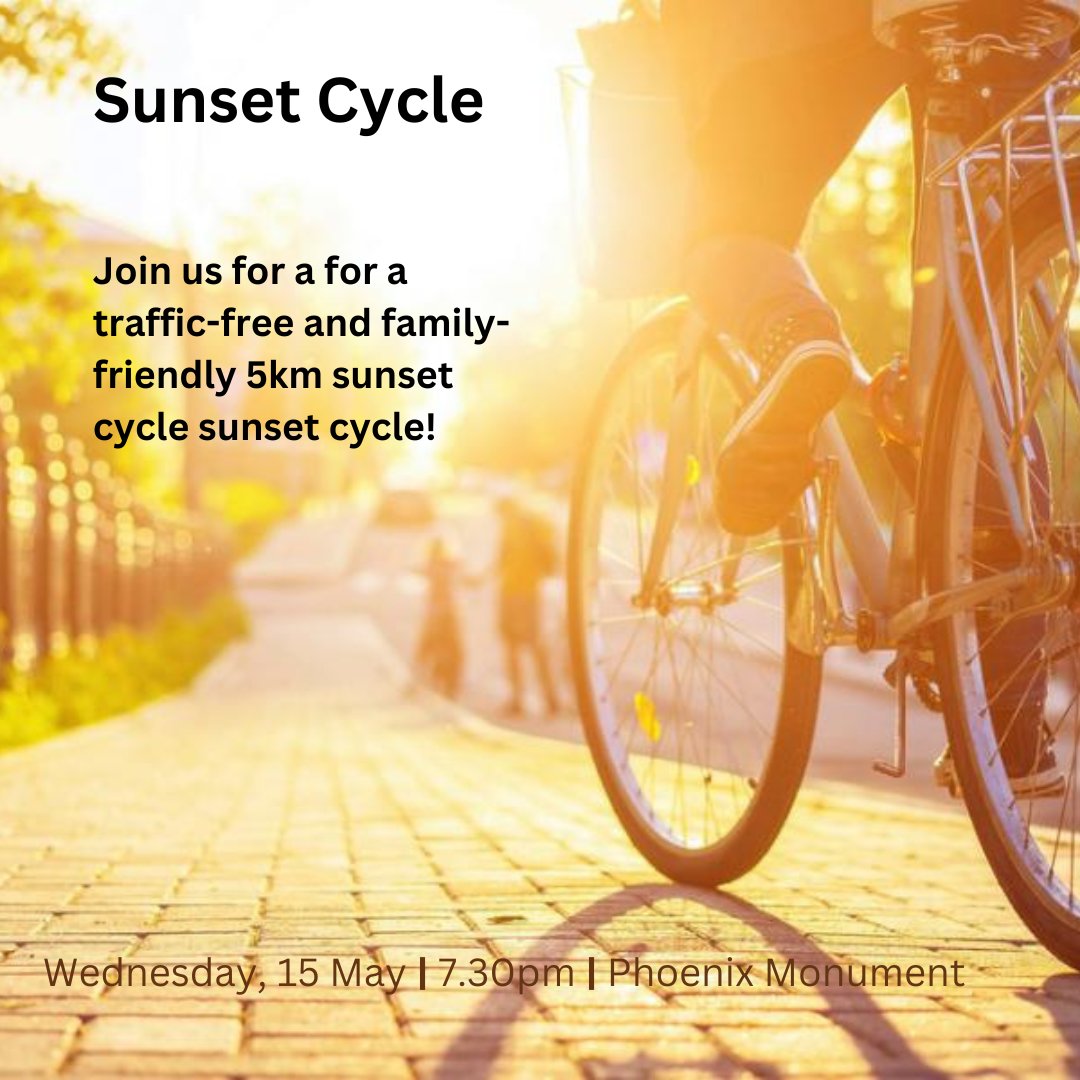 The Sunset Cycle takes place this evening! Come along to the Phoenix Park for a traffic-free, family-friendly 5km cycle into the sunset. Meeting from 7.30pm at the Phoenix Monument. The cycle starts at 8pm #bikeweek #cycledublin