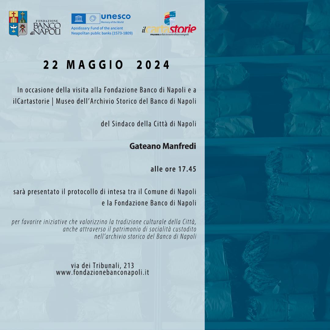 Mercoledì 22 maggio sarà presentato il protocollo d’intesa tra il Comune di Napoli e la Fondazione Banco di Napoli per favorire iniziative che valorizzino la tradizione culturale della città, anche attraverso il patrimonio di socialità custodito nell'archivio storico
