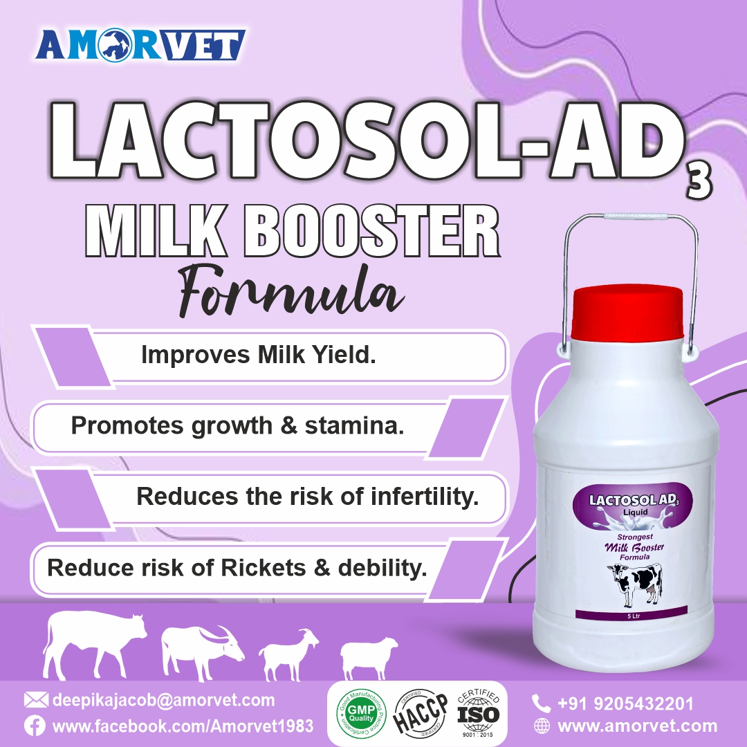 LACTOSOL-AD3 Liquid Strongest Milk Booster Formula. Lactosol-AD3 helps in reducing the risk of rickets, emaciation & debility and reduces the risk of infertility.
Registered Now +91 9599819566
#amorvet #amorvetindia #animalfeedsupplement  #Lactosol #LactosolLiquid #LactosolAD3