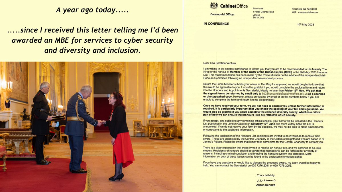 It is a year ago today since I received this letter from the Cabinet Office telling me I'd been awarded an MBE for services to cyber security and diversity/inclusion. Even now my #ImposterSyndrome is HUGE when I think about this!

And what an amazing year it has been 🥰🥰❤️❤️ xx