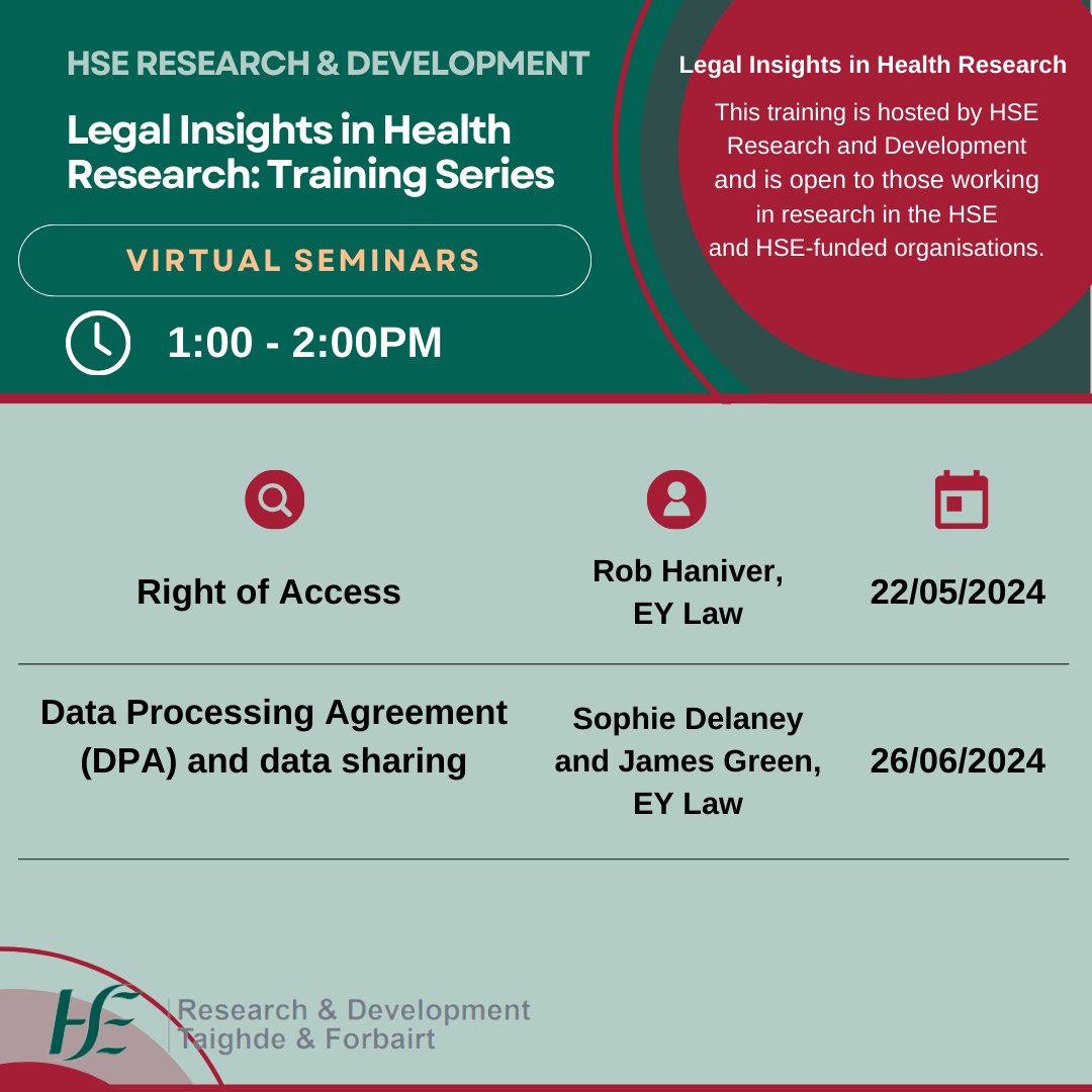 Join us on May 22nd at 1pm for the next session in our “Legal Insights in Health Research Series” led by Robert Haniver, Partner at EY Law, as he explains the rights of the data subject and the obligations of the researcher. To register email ResearchAndDevelopment@hse.ie