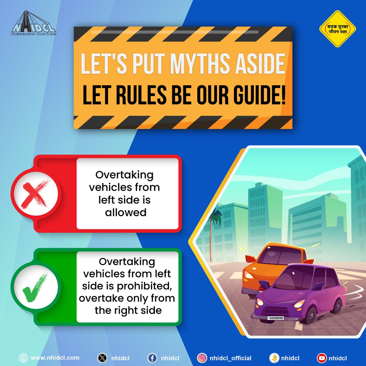 Abiding by traffic regulations is imperative since it not only helps to prevent accidents, but also encourages responsible driving and safeguards the lives of other road users.

#SadakSurakshaJeevanRaksha #SafeDriveForPreciousLife #DriveSafe #RoadSafety #NHIDCL