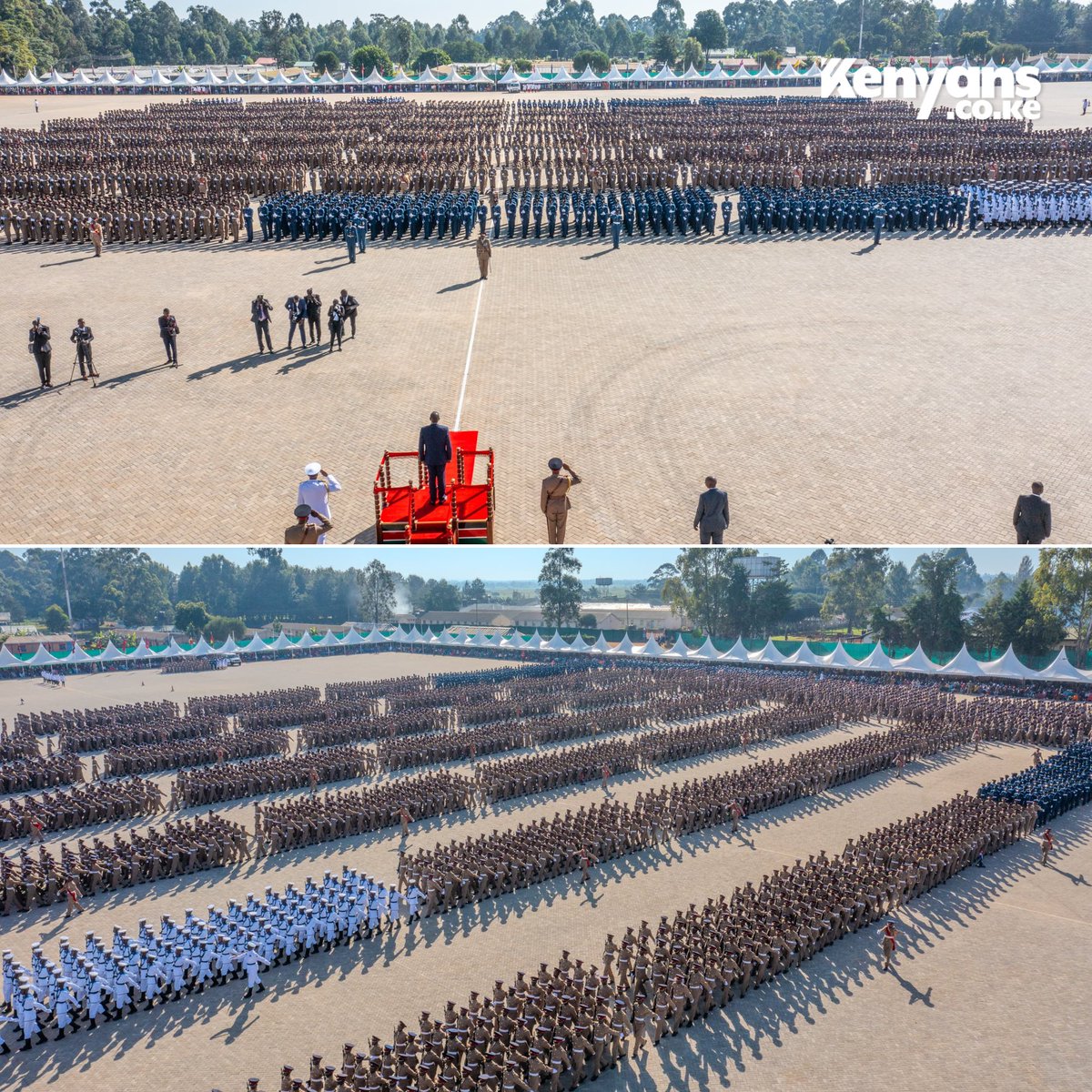 President Ruto watches the pass-out parade for KDF officers at the Defence Forces recruit training school in Eldoret