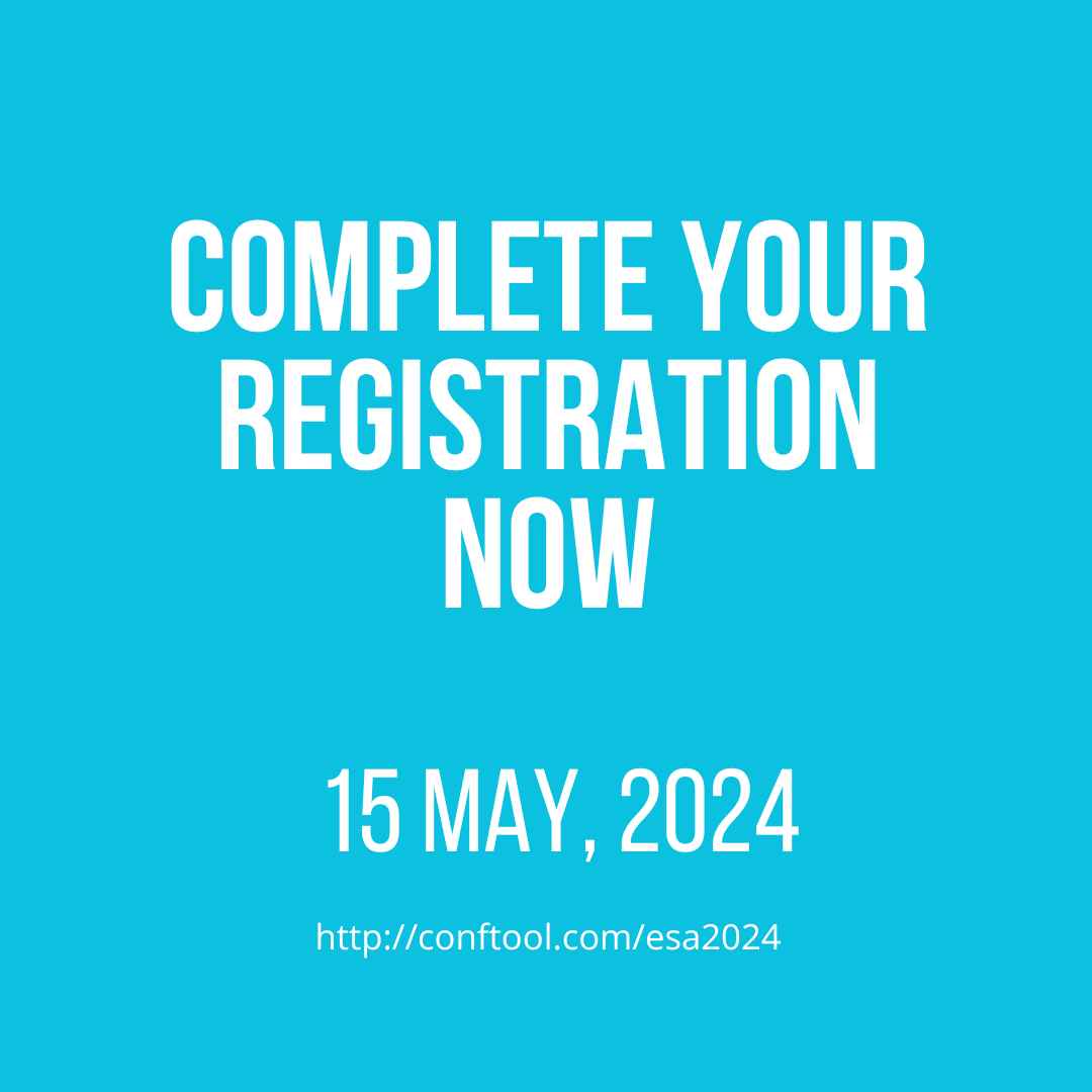 🚨 Final Call for Registration! 🚨 Don't miss out on the 16th ESA Conference in beautiful Porto, happening from 27-30 August 2024. 📅 Registration Deadline: Today, 15th May 2024 🔗 Secure your spot now: conftool.com/esa2024 #ESA2024 #ESAPorto24