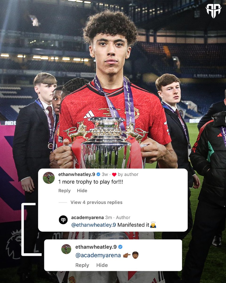 3 weeks ago, Ethan Wheatley left this comment under my post after the U18s won the PL Cup final 📲

“1 more trophy to play for!!” 

Last night, he picked up that trophy after scoring in the final…mentality 👉🧑‍🦱