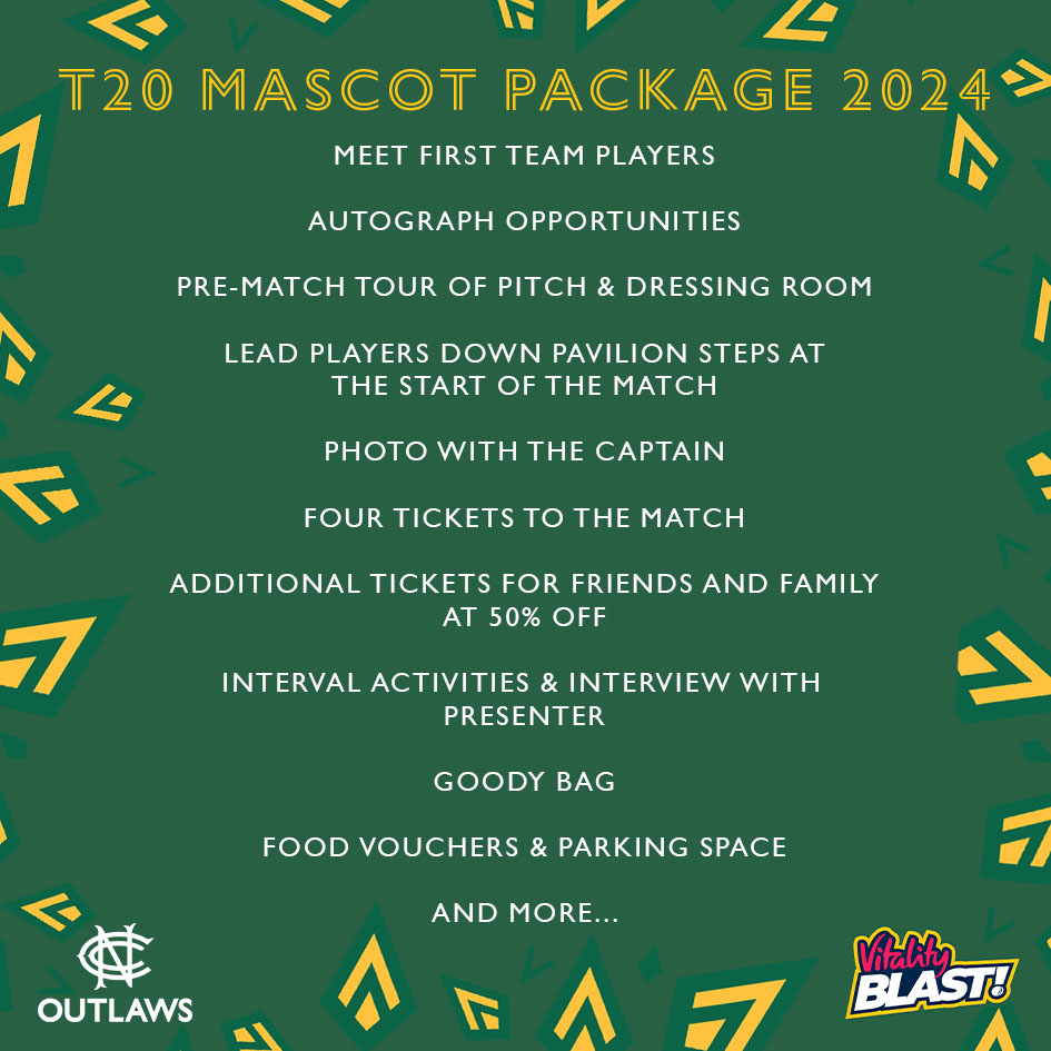 A reminder of our T20 mascot package ℹ️ Become a Junior Outlaw to be in with a chance of being one of our T20 matchday mascots  Secure Junior Outlaws membership 👉  i.mtr.cool/dffsixqnom