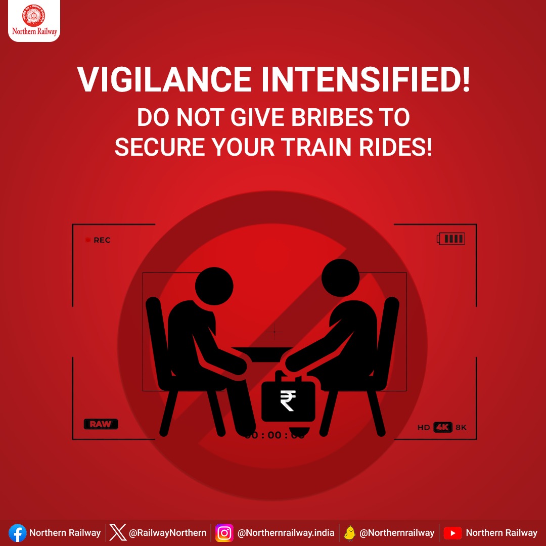 YOU ARE BEING WATCHED! Railway authorities keep an intense vigil at the Station premises so do not offer bribes to anyone disturbing tickets illegally. #SayNoToCorruption #CVC @RailMinIndia