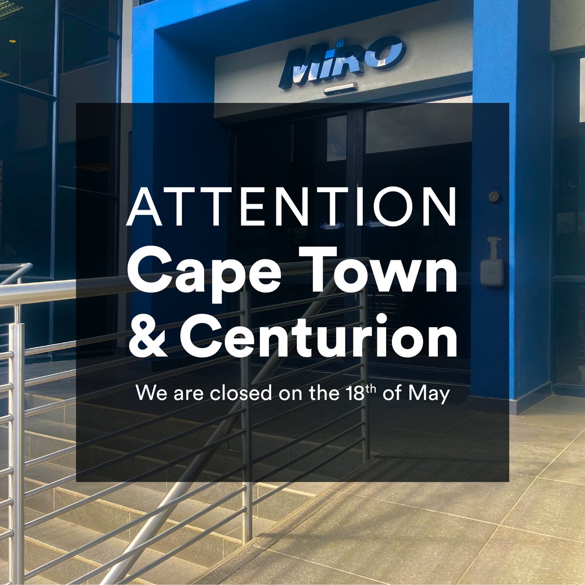 MiroDistributor's tweet image. Our Cape Town and Centurion branches will be closed on the 18th of May due to stocktake. 📦 We apologise for any inconvenience caused. 

#mirodistribution #stocktake #weareclosed