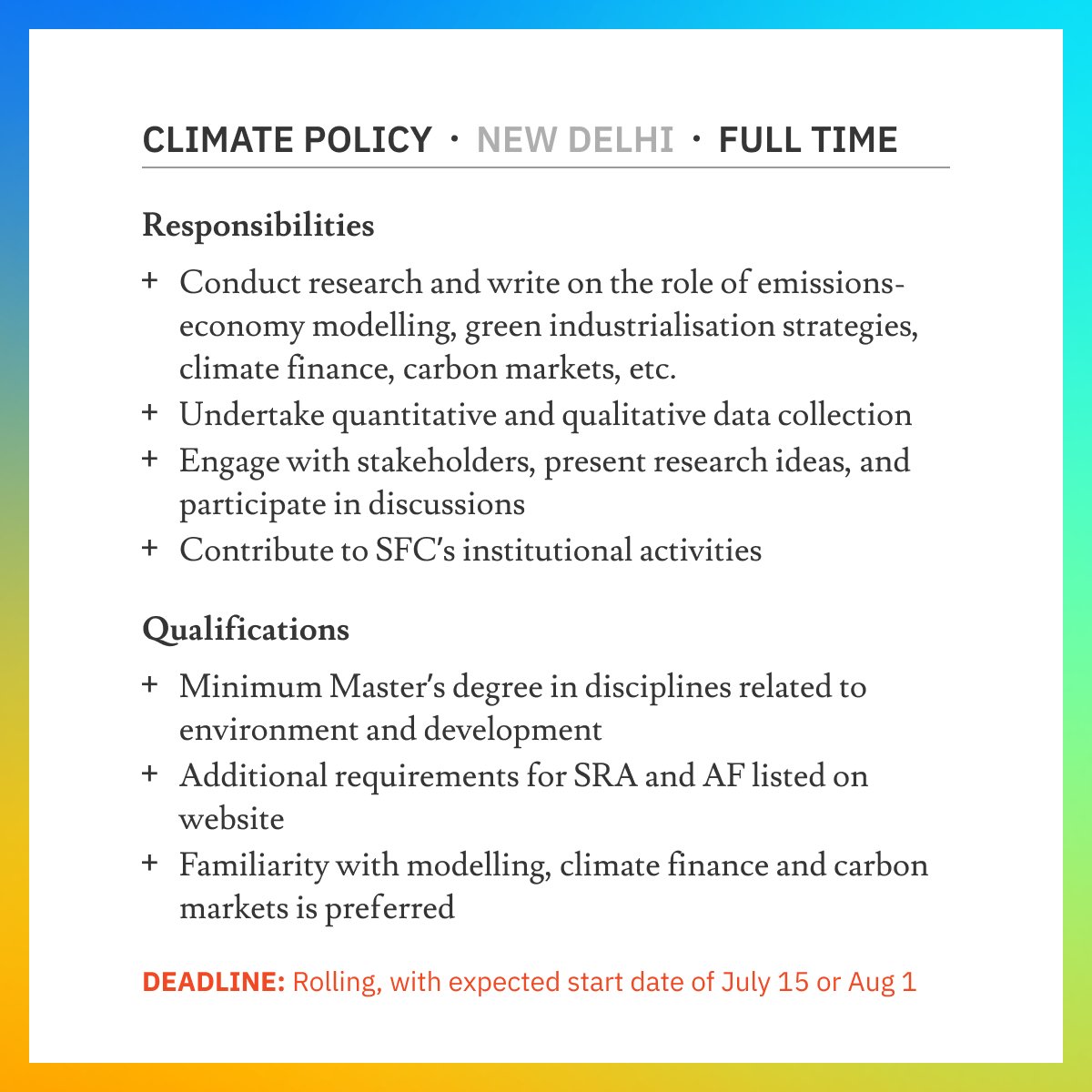 We are #hiring a Research Associate/Senior Research Associate/Associate Fellow to work with our Climate Policy group. Expected start date is ideally 15 July or 01 August 2024. Details on how to apply sustainablefutures.org/careers/