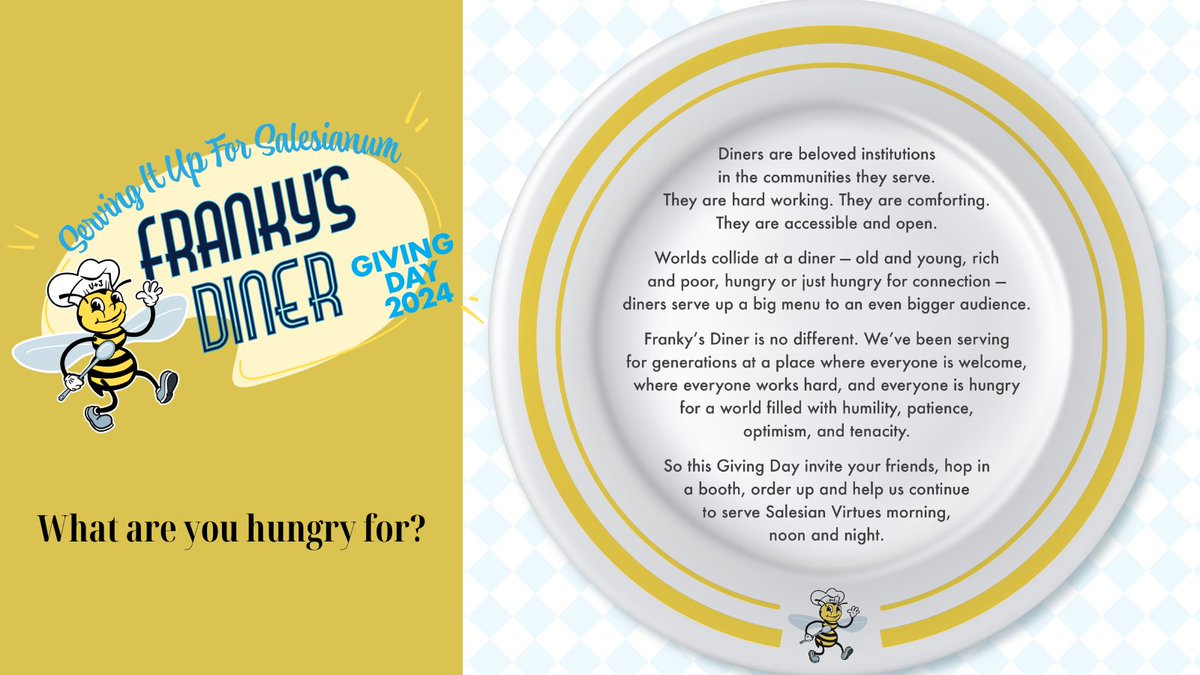 It's Giving Day and #FrankysDiner is 'Serving It Up for Salesianum!' Join in the Giving Day Fun and support Salesianum's mission with your gift today: hubs.ly/Q02x6Dtp0 What are you hungry for?