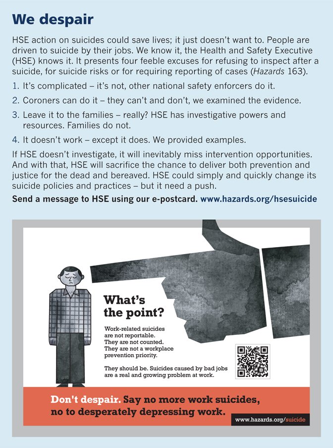 Please send ecard to @CEO_HSE To make work suicide reportable,recorded, investigated+preventative action taken. Work suicides tip of work stress problem,sentinel events that can be used to prevent future deaths + provide some justice to families. hazardscampaign.org.uk/suicide