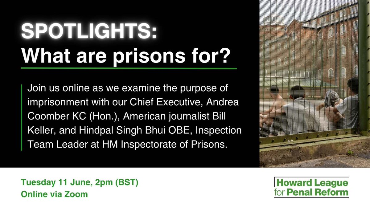 Buckling under the weight of chronic overcrowding and staff shortages, the prison system in England and Wales is in turmoil. 📅 Join us online on Tuesday 11 June as we ask 'What are prisons for?'. 🎟️ Book your place here: howardleague.org/events/spotlig… #LiftTheLidOnPrisons